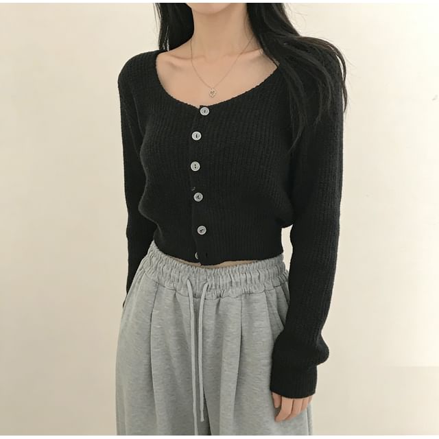 Square Neck Button-Up Plain Crop Cardigan