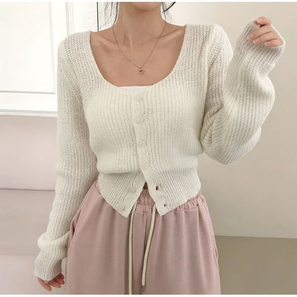 Square Neck Button-Up Plain Crop Cardigan