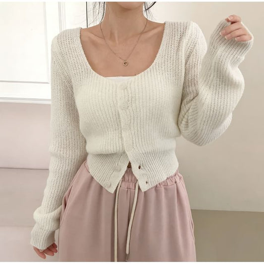 Square Neck Button-Up Plain Crop Cardigan