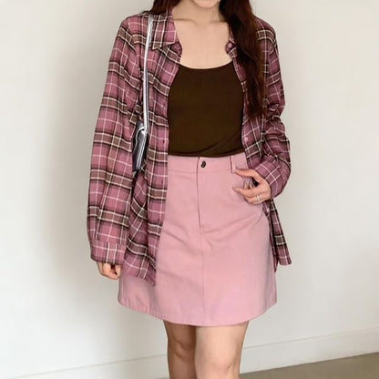 Long-Sleeve Plaid Shirt with Scoop Neck Plain Camisole Top and High Waist Mini A-Line Skirt Set - Altfashion Shop