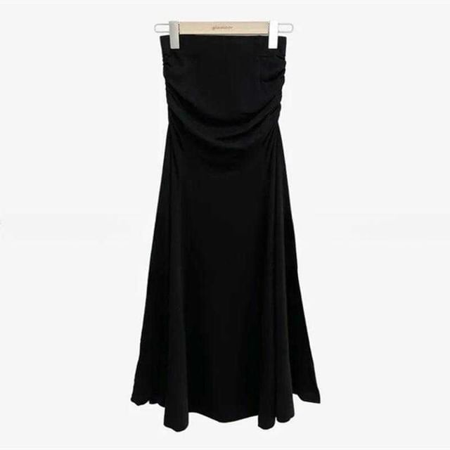 Black High Waist Plain Ruched Maxi Mermaid Skirt - Altfashion Shop