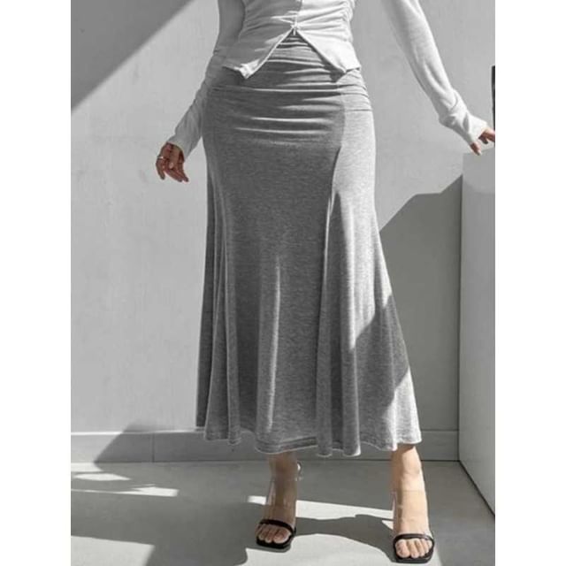 Black High Waist Plain Ruched Maxi Mermaid Skirt - Altfashion Shop
