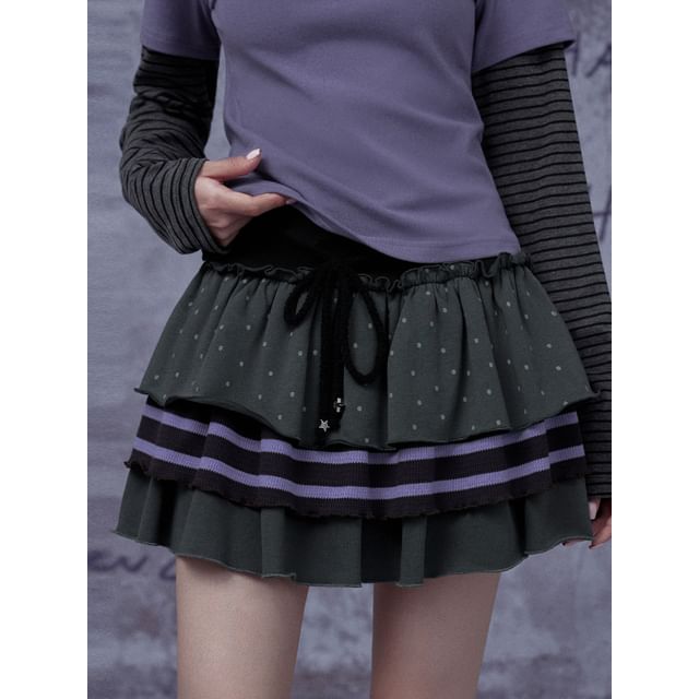 Black Drawstring Waist Micro Dot Striped Panel Tiered Mini A-Line Skirt - Altfashion Shop