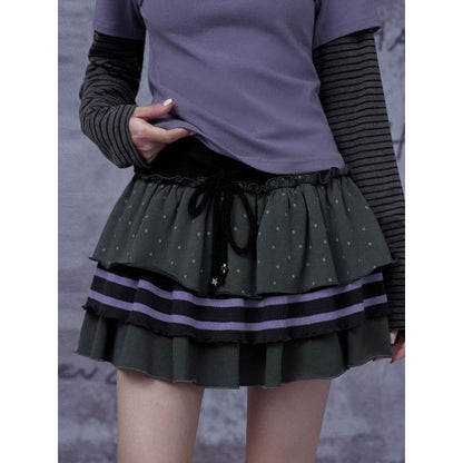Black Drawstring Waist Micro Dot Striped Panel Tiered Mini A-Line Skirt - Altfashion Shop