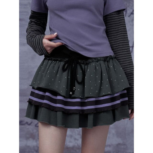 Black Drawstring Waist Micro Dot Striped Panel Tiered Mini A-Line Skirt - Altfashion Shop