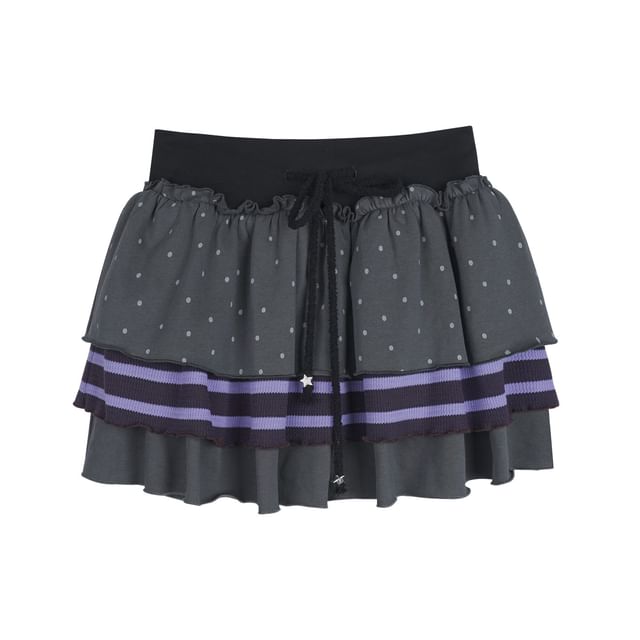 Black Drawstring Waist Micro Dot Striped Panel Tiered Mini A-Line Skirt - Altfashion Shop