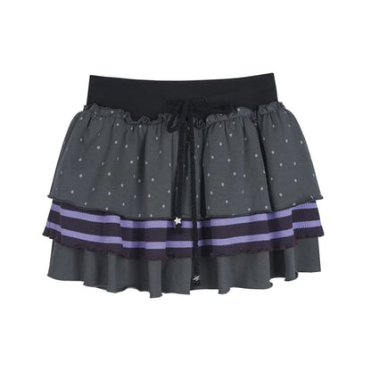 Black Drawstring Waist Micro Dot Striped Panel Tiered Mini A-Line Skirt - Altfashion Shop