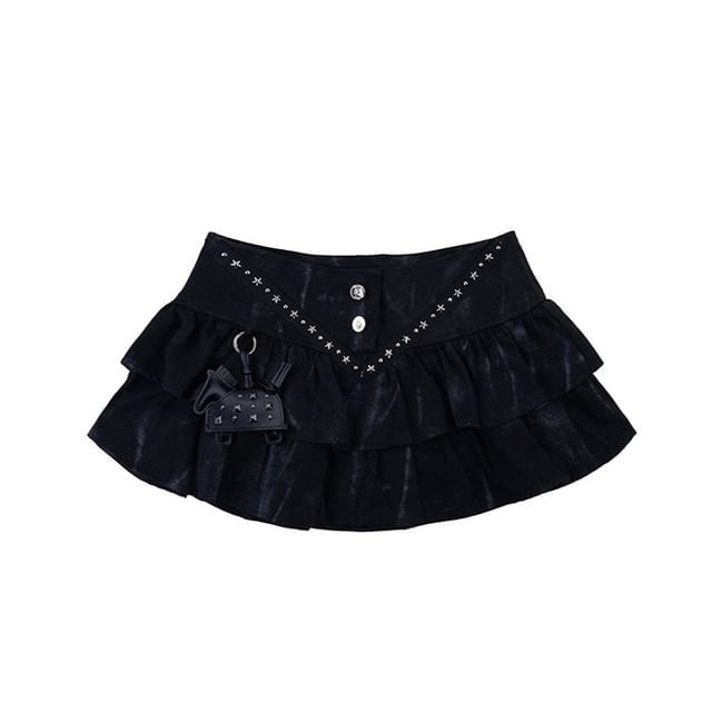 Black Mid Rise Tie Dye Studded Ruffle Mini A-Line Denim Skirt - Altfashion Shop