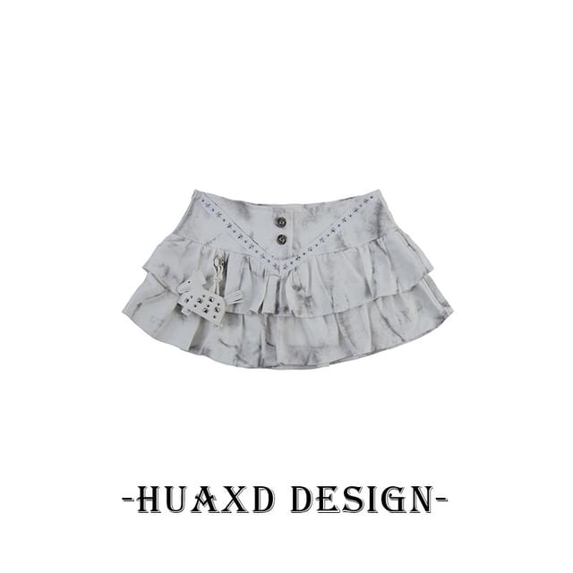 Black Mid Rise Tie Dye Studded Ruffle Mini A-Line Denim Skirt - Altfashion Shop