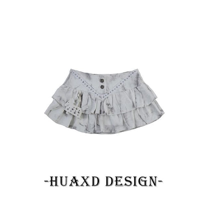 Black Mid Rise Tie Dye Studded Ruffle Mini A-Line Denim Skirt - Altfashion Shop