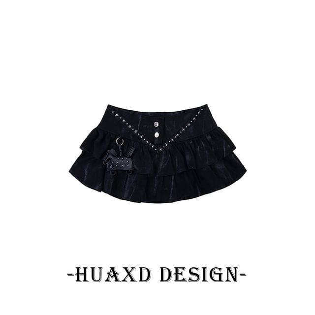 Black Mid Rise Tie Dye Studded Ruffle Mini A-Line Denim Skirt - Altfashion Shop