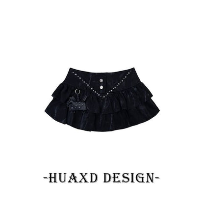 Black Mid Rise Tie Dye Studded Ruffle Mini A-Line Denim Skirt - Altfashion Shop
