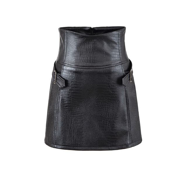 Black High Waist Plain Buckled Faux Leather Mini A-Line Skirt - Altfashion Shop