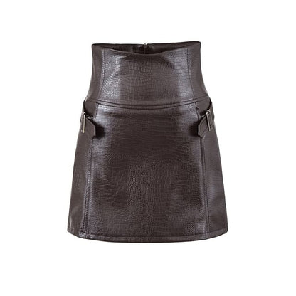 Black High Waist Plain Buckled Faux Leather Mini A-Line Skirt - Altfashion Shop