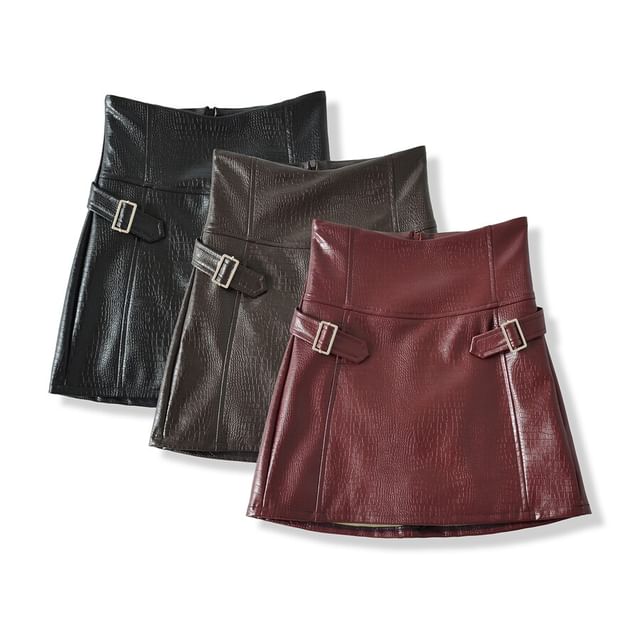 Black High Waist Plain Buckled Faux Leather Mini A-Line Skirt - Altfashion Shop