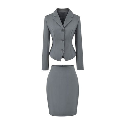 Notch Lapel Single-Breasted Plain Blazer with High Waist Pencil Skirt - Altfashion Shop