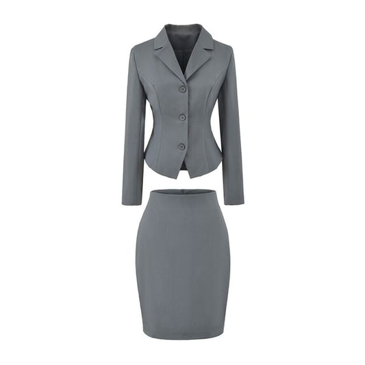 Notch Lapel Single-Breasted Plain Blazer with High Waist Pencil Skirt - Altfashion Shop