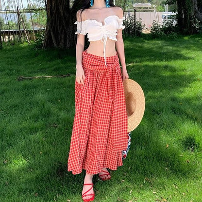 Black Short Sleeve Off Shoulder Plain Ruffle Drawstring Crop Top with Mid Rise Plaid Maxi A-Line Skirt - Altfashion Shop