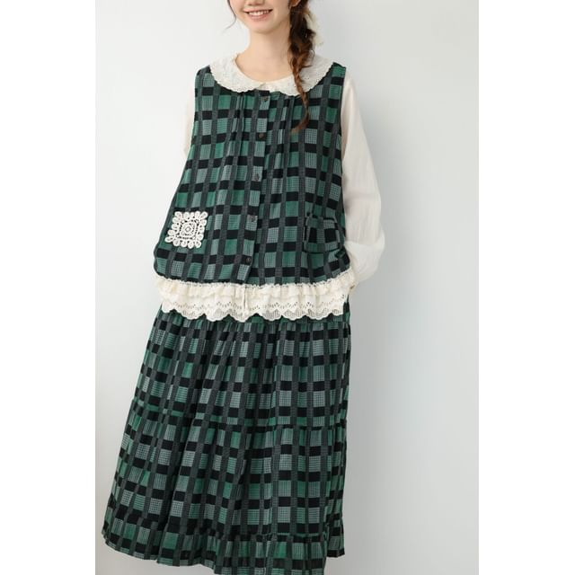 Long-Sleeve Plain Blouse with Plaid Tank Top and High Waist Maxi Skirt Set - Altfashion Shop