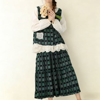 Long-Sleeve Plain Blouse with Plaid Tank Top and High Waist Maxi Skirt Set - Altfashion Shop