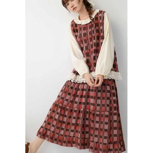 Long-Sleeve Plain Blouse with Plaid Tank Top and High Waist Maxi Skirt Set - Altfashion Shop