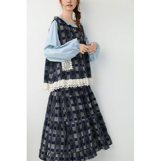 Long-Sleeve Plain Blouse with Plaid Tank Top and High Waist Maxi Skirt Set - Altfashion Shop