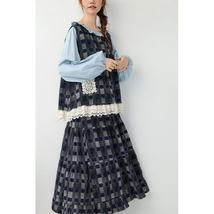 Long-Sleeve Plain Blouse with Plaid Tank Top and High Waist Maxi Skirt Set - Altfashion Shop