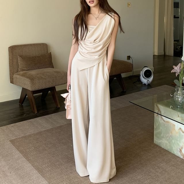 Cowl Neck Sleeveless Asymmetric Top with Wide Leg Pants