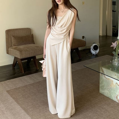 Cowl Neck Sleeveless Asymmetric Top with Wide Leg Pants