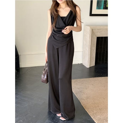 Cowl Neck Sleeveless Asymmetric Top with Wide Leg Pants