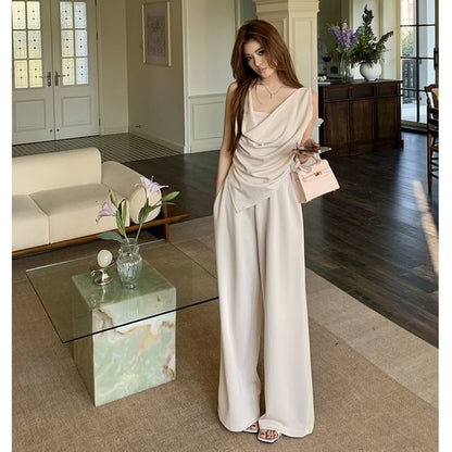 Cowl Neck Sleeveless Asymmetric Top with Wide Leg Pants