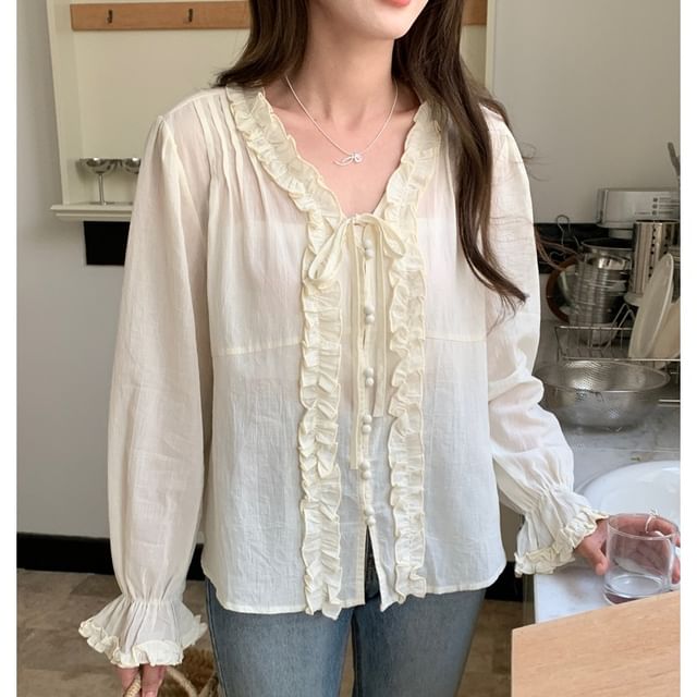 Ruffle Tie-Front Long Sleeve V-Neck Blouse