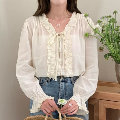 Ruffle Tie-Front Long Sleeve V-Neck Blouse