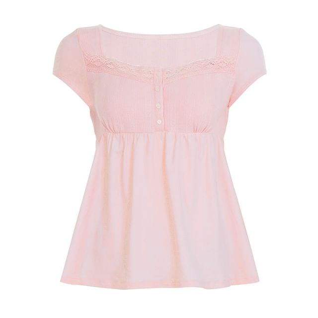 Lace-Trimmed Square Neck Babydoll with Half-Button Front