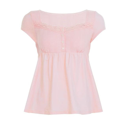 Lace-Trimmed Square Neck Babydoll with Half-Button Front