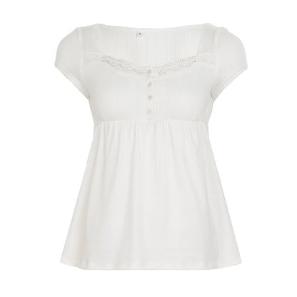 Lace-Trimmed Square Neck Babydoll with Half-Button Front