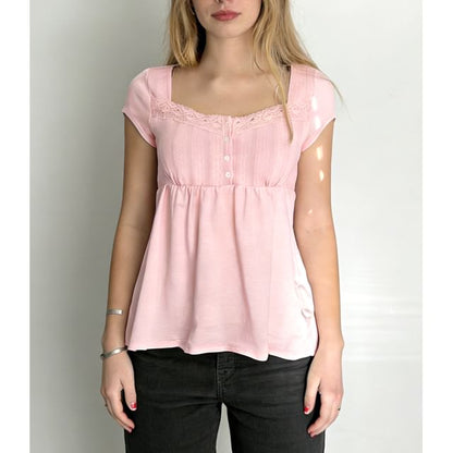 Lace-Trimmed Square Neck Babydoll with Half-Button Front