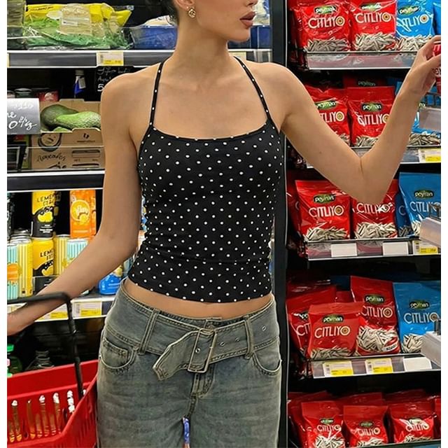Polka Dot Halter Crop Camisole with Slim Fit