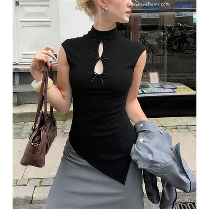 Asymmetric Cut-Out Mock Neck Fitted Tank Top