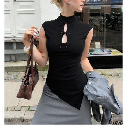 Asymmetric Cut-Out Mock Neck Fitted Tank Top