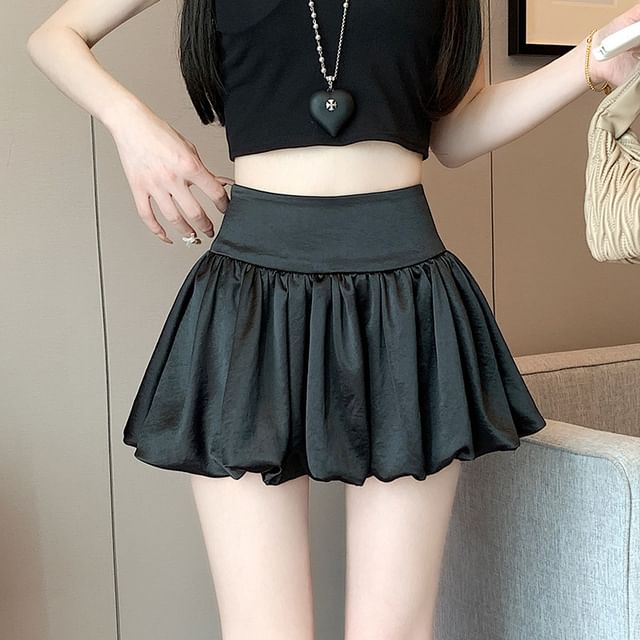 Black High-Waisted Satin Bubble Hem Mini A-Line Skirt - Altfashion Shop