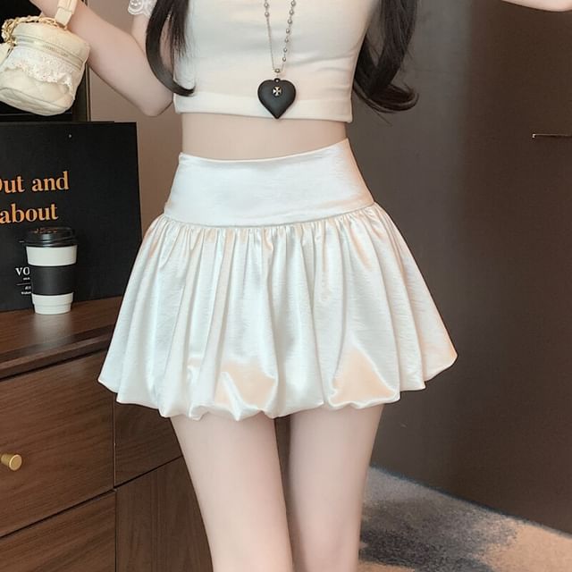 Black High-Waisted Satin Bubble Hem Mini A-Line Skirt - Altfashion Shop