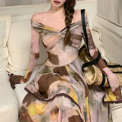 Long-Sleeve Off Shoulder V-Neck Twisted Ruched Maxi A-Line Dress