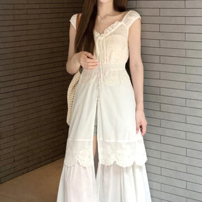 Sleeveless V-Neck Lace Panel Button-Up Slit Maxi A-Line Dress