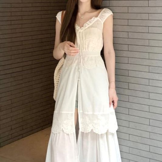 Sleeveless V-Neck Lace Panel Button-Up Slit Maxi A-Line Dress