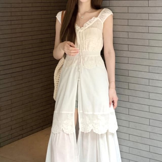 Sleeveless V-Neck Lace Panel Button-Up Slit Maxi A-Line Dress