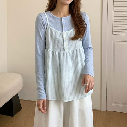 Crew Neck Button-Up Plain Cardigan / Striped Camisole Top / High Waist Maxi A-Line Skirt / Set