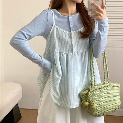 Crew Neck Button-Up Plain Cardigan / Striped Camisole Top / High Waist Maxi A-Line Skirt / Set