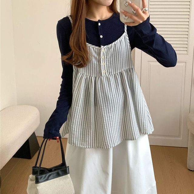 Crew Neck Button-Up Plain Cardigan / Striped Camisole Top / High Waist Maxi A-Line Skirt / Set