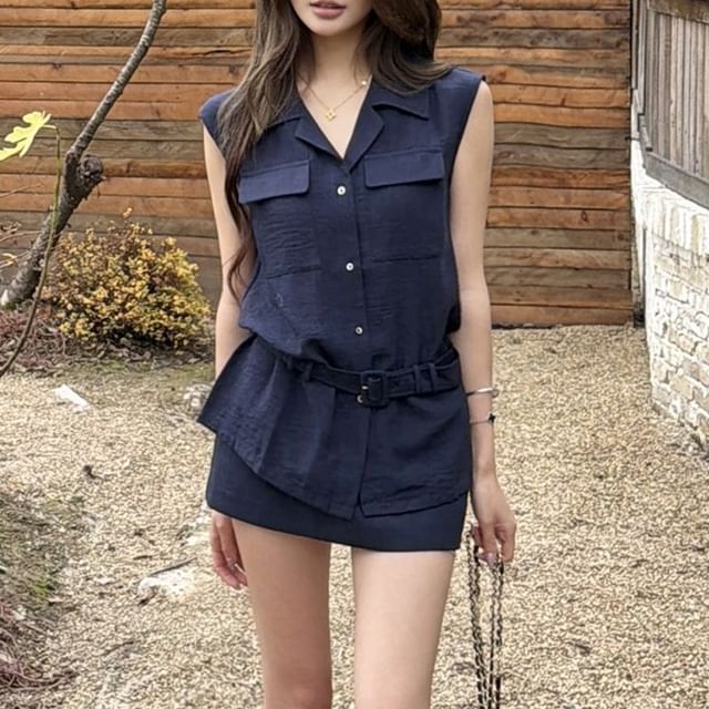 Button-Up Shirt with Mini Skirt and Belt Set